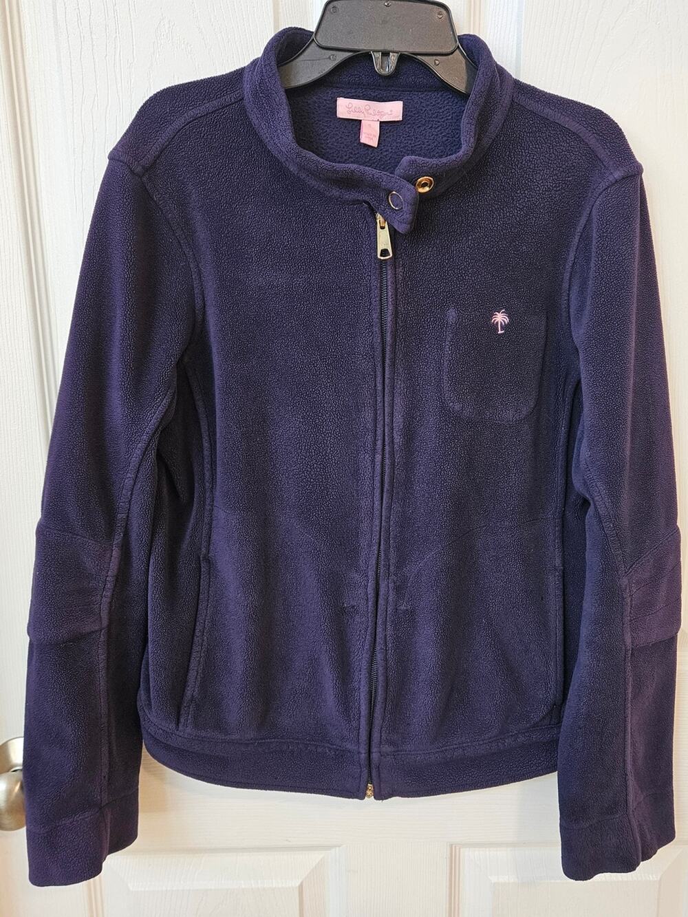 Lilly Pulitzer Navy Fleece Zip Jacket with Pink Palm Logo Size Small (FLAWED)